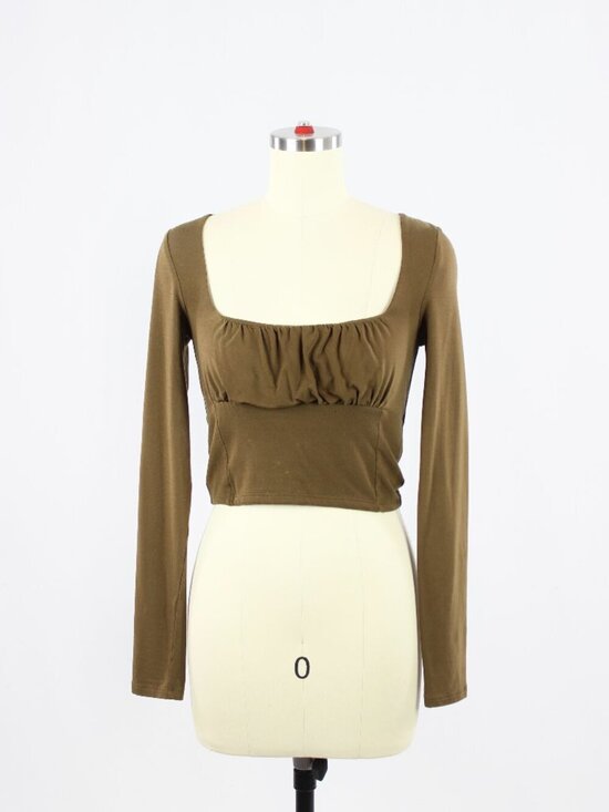Aritzia Tops - Aritzia WILFRED FREE Orbit Brown Jersey Ruched Long Sleeve Cropped Top, Size S